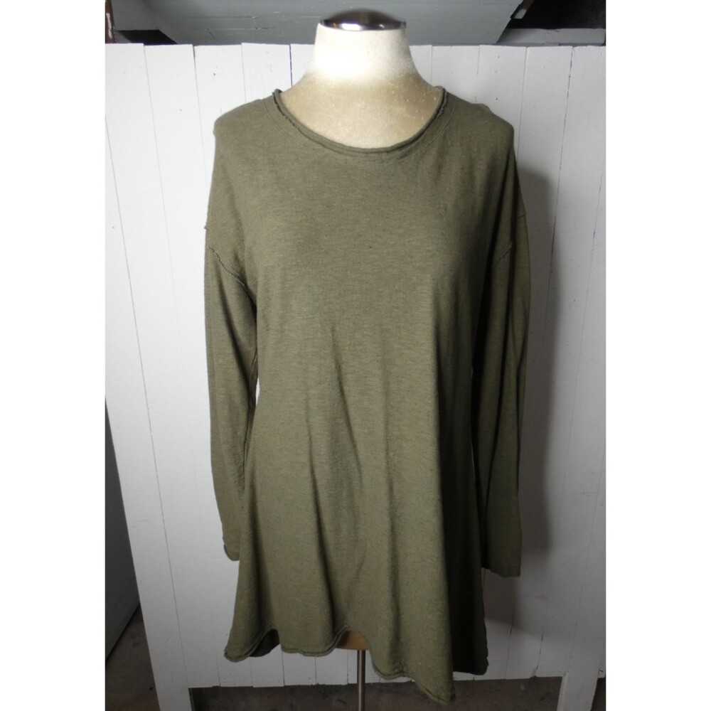 Cut Loose Womens M Dark Green Knit Tunic Top Hi Low Hem Cotton Blend Long Sleeve